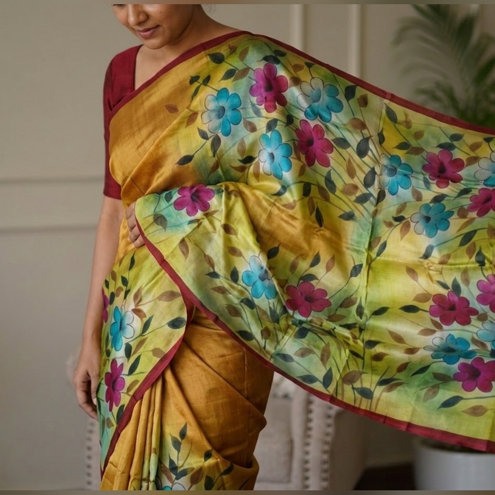 Women New Pure Silk Batik Handpaint Saree Designer W Blouse Piece Handloom